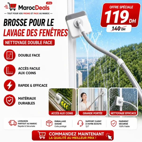 Brosse de Nettoyage Vitres Double Face avec Manche Long