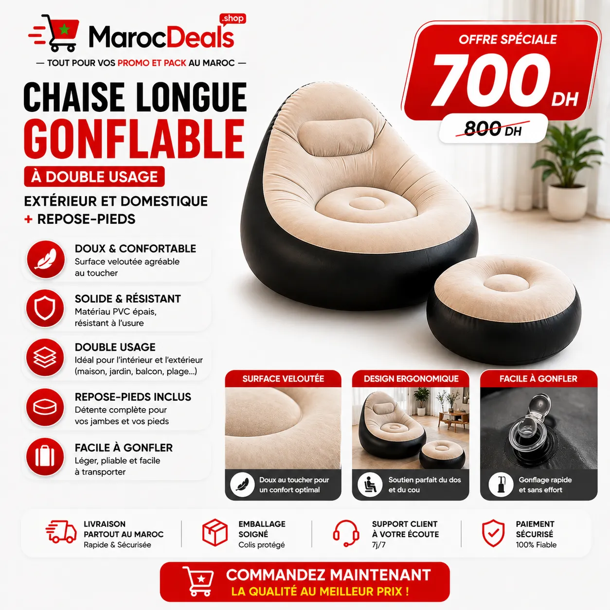Chaise Longue Gonflable avec Repose-Pieds