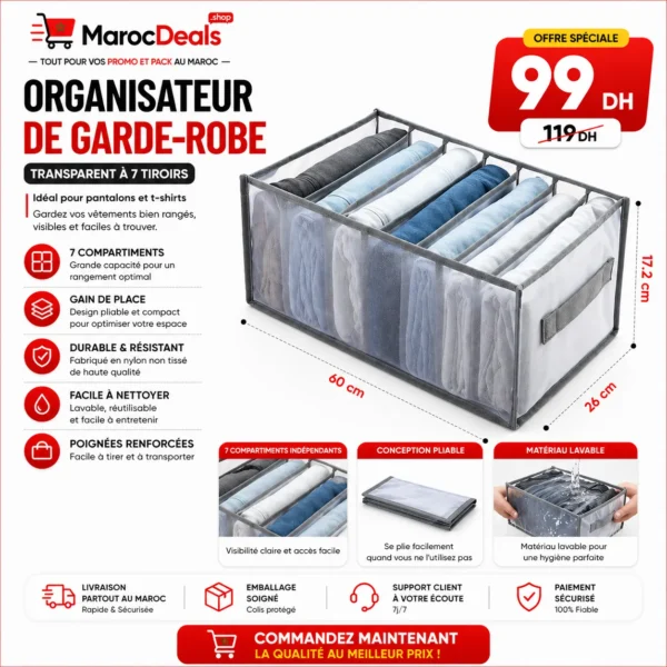 Organisateur de Garde-Robe Transparent à 7 Compartiments