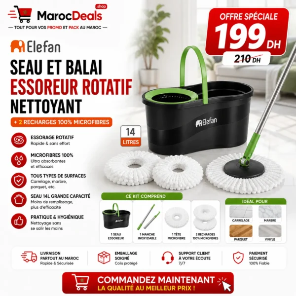 Elefan Balai Essoreur Rotatif + Seau + 2 Recharges Microfibres